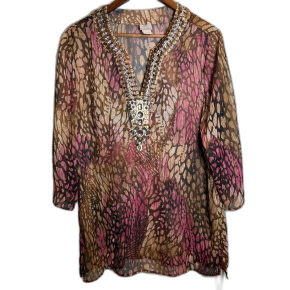 Chico's Embellished Animal Print Tunic Sheer Women's Size Chico's 2 or US 12 - Picture 1 of 16